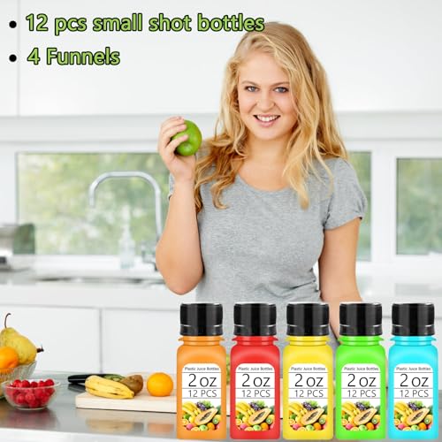 Haawooky 12 Pcs 2oz Small Shot Bottles with Black Caps,Plastic Ginger Shots Containers with 4 Funnels,Clear Empty Plastic Juice Bottles for Juice, Milk and Other Beverages - Image 4