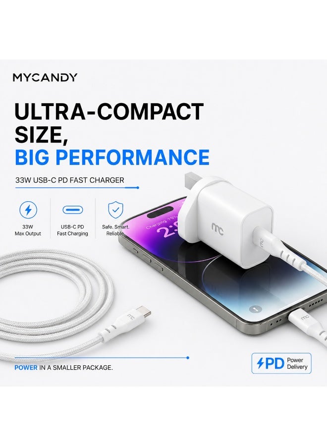 MYCANDY Tc-D33 33W Usb-C Pd Fast Wall Charger For Iphone, Samsung & Usb-C Devices, White White - Image 5