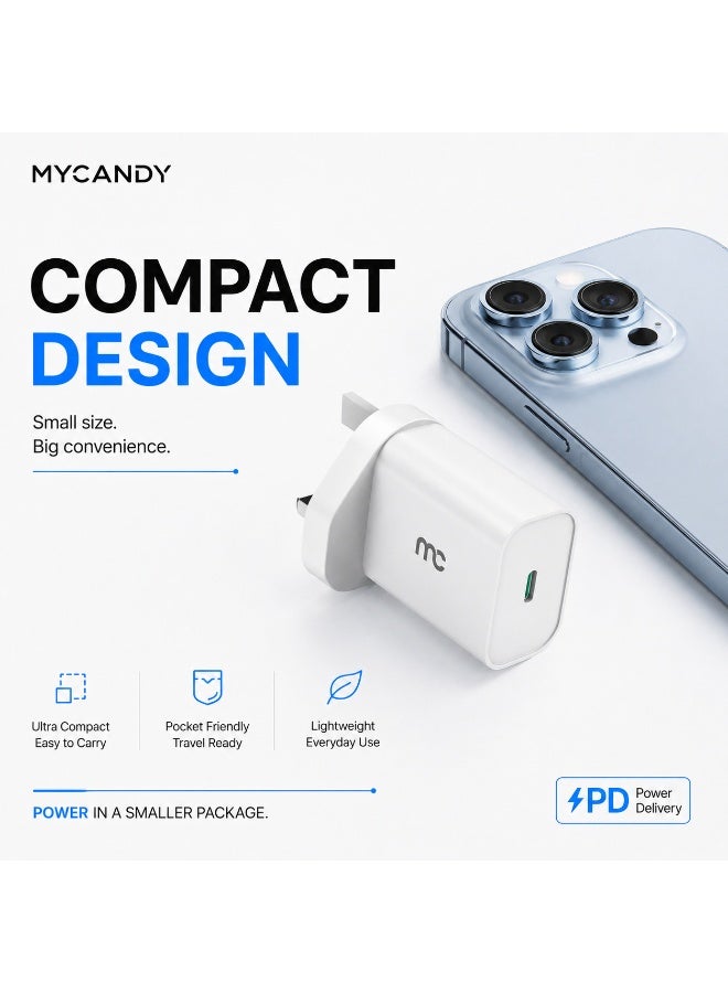 MYCANDY Tc-D33 33W Usb-C Pd Fast Wall Charger For Iphone, Samsung & Usb-C Devices, White White - Image 2