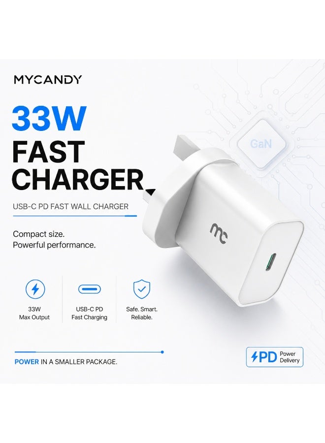 MYCANDY Tc-D33 33W Usb-C Pd Fast Wall Charger For Iphone, Samsung & Usb-C Devices, White White - Image 1