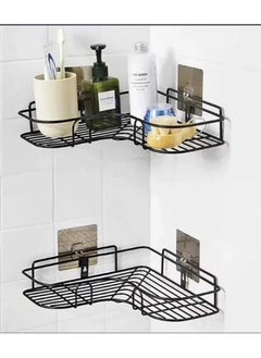 Generic 2 Pices Metal bathroom corner shelf with rust-resistant adhesive sticker with a basket design to prevent water from accumulating in it to organize all bathroom accessories. Painted with high-quality paint - Corner Shower Shelf, Self Adhesive No Drilling Wall Mounted Shower Storage Shelf Organizer For Bathroom, Kitchen And Toilet，Iron  - Image 1