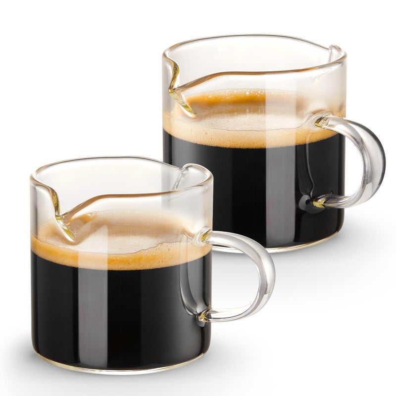 Qipecedm Espresso Cups Set of 2 4 OZ Double Spouts Cups Shot Glasses Milk Cup with Handle Clear Glass Espresso Accessories for Machine Small