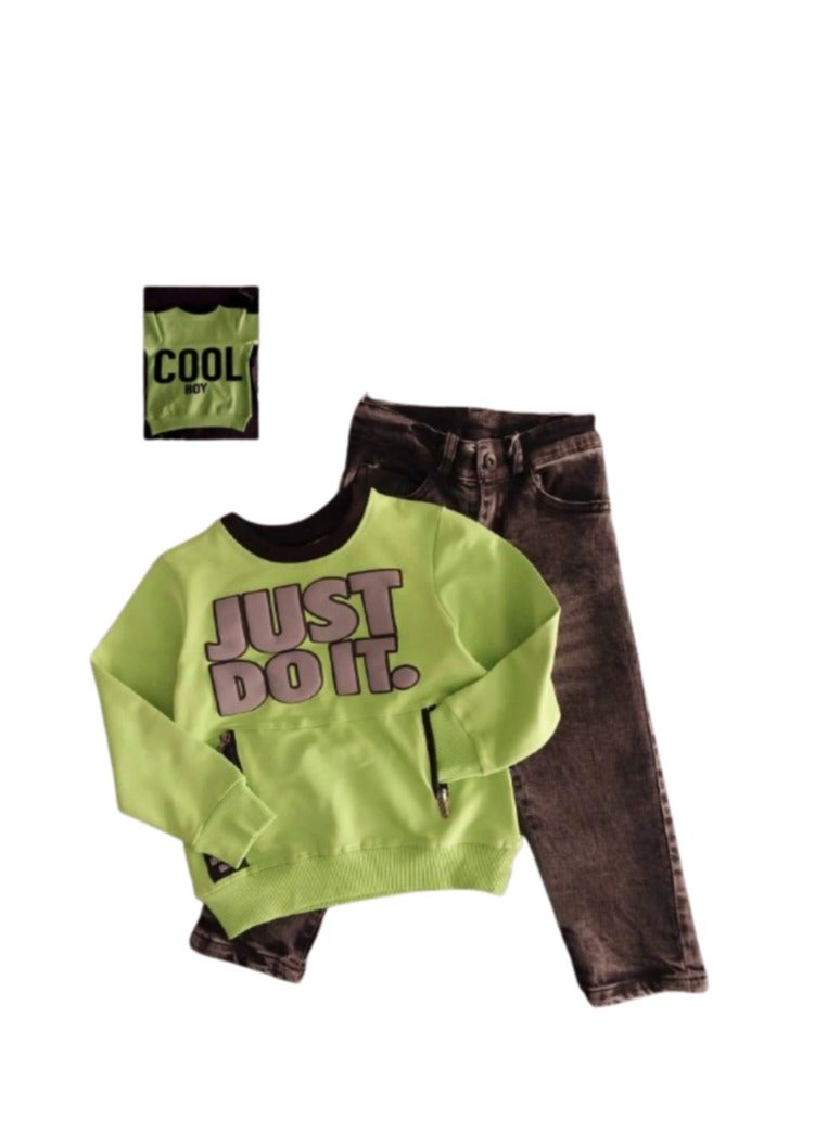Boys' set, green T-shirt and gray jeans  - Image 3