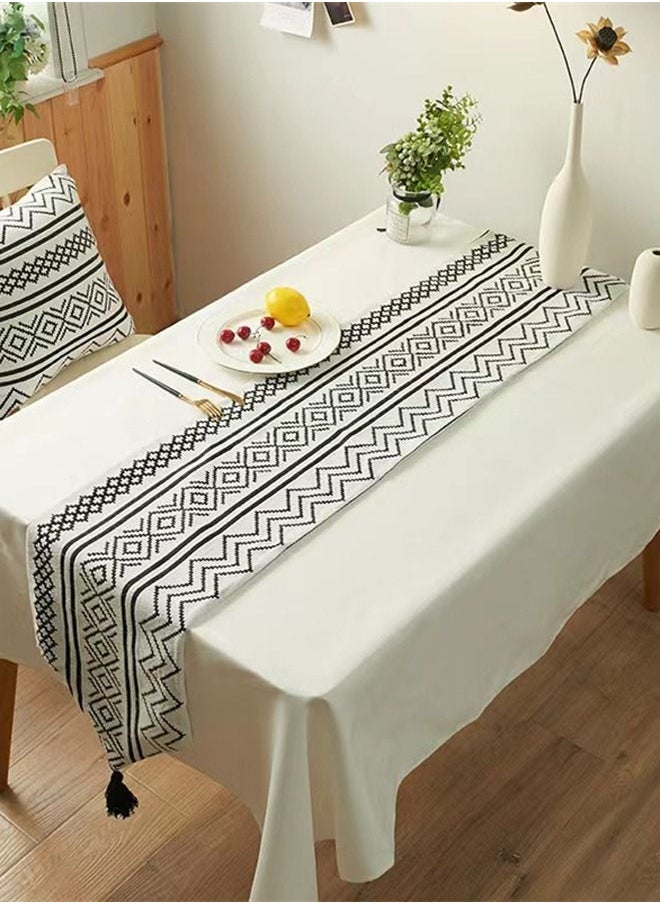 Kutis 1-Piece Geometric Tassel Table Runner Polyester Cotton Black/ White 180 x 33 Centimeter  - Image 1