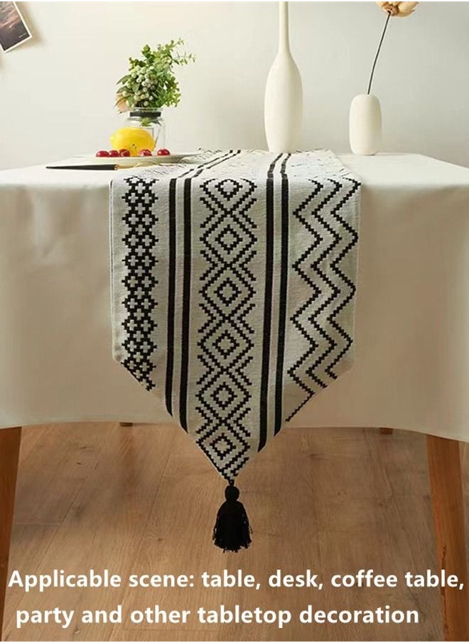 Kutis 1-Piece Geometric Tassel Table Runner Polyester Cotton Black/ White 180 x 33 Centimeter  - Image 4