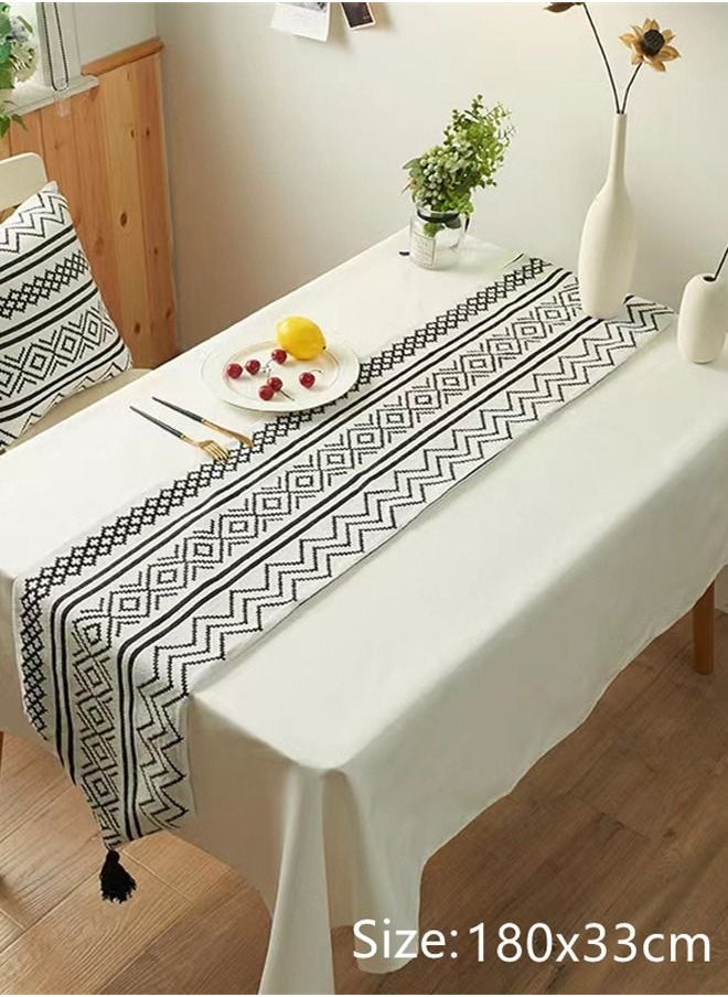 Kutis 1-Piece Geometric Tassel Table Runner Polyester Cotton Black/ White 180 x 33 Centimeter  - Image 5