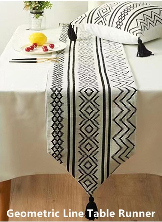 Kutis 1-Piece Geometric Tassel Table Runner Polyester Cotton Black/ White 180 x 33 Centimeter  - Image 2