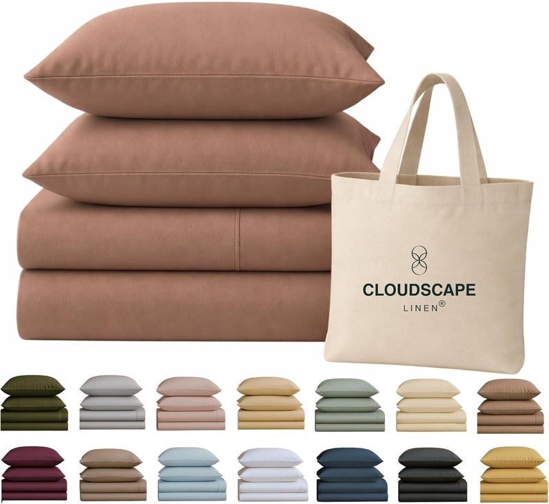 كلاود سكيب لينين شراشف CLOUDSCAPE من القطن المصري 100% مقاس كاليفورنيا كينج - عدد الخيوط 400، مجموعة شراشف سرير ذات جيب عميق إضافي 17 بوصة، أغطية سرير صيفية فاخرة متينة مبردة مسامية لجميع الفصول - موس الشوكولاتة - Image 1