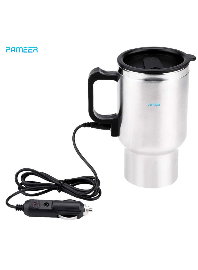 بامير كوب تسخين السيارة 12 فولت، 473 مل/16 أونصة من الفولاذ المقاوم للصدأ للسيارة، كوب ماء وقهوة وشاي مغلي، كوب ترمس معزول وغطاء محكم، قابس معزول تلقائي، لون فضي - Image 1