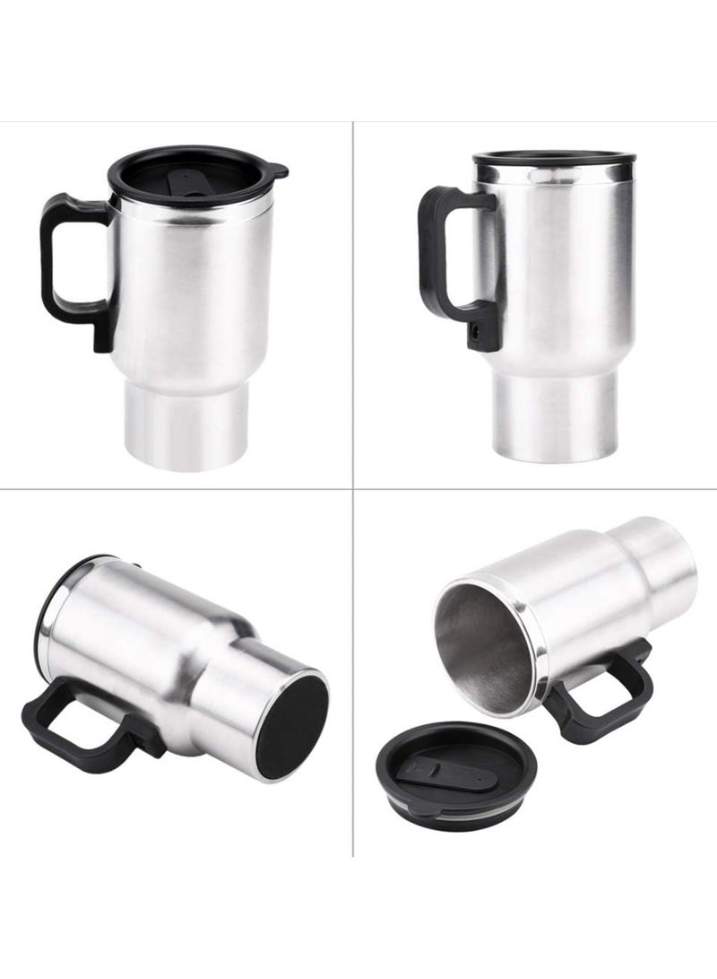 بامير كوب تسخين السيارة 12 فولت، 473 مل/16 أونصة من الفولاذ المقاوم للصدأ للسيارة، كوب ماء وقهوة وشاي مغلي، كوب ترمس معزول وغطاء محكم، قابس معزول تلقائي، لون فضي - Image 3