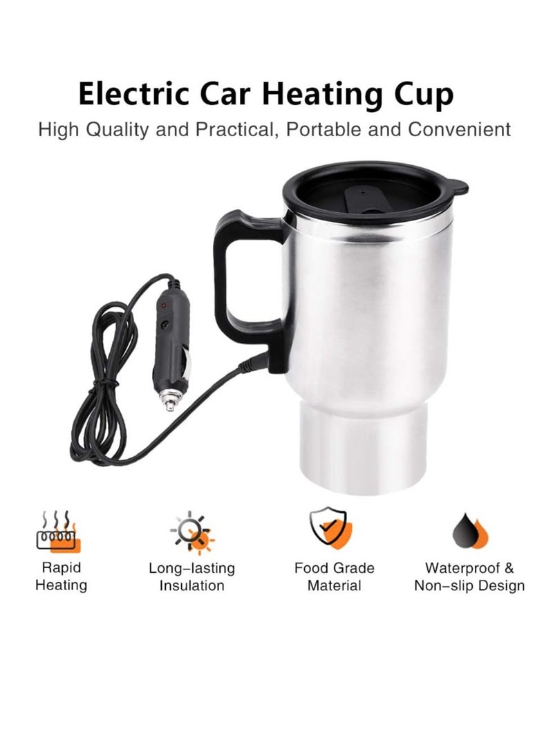 بامير كوب تسخين السيارة 12 فولت، 473 مل/16 أونصة من الفولاذ المقاوم للصدأ للسيارة، كوب ماء وقهوة وشاي مغلي، كوب ترمس معزول وغطاء محكم، قابس معزول تلقائي، لون فضي - Image 4