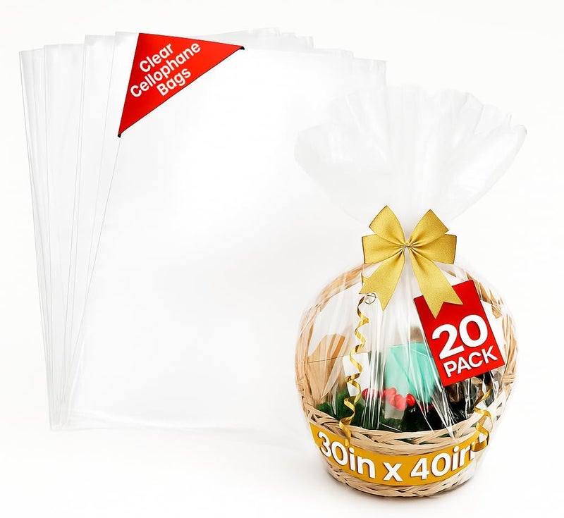 Large Cellophane Bags for Gift Baskets - 20 Pack (30 in x 40 in) Clear Gift Wrap for Gift Baskets, Floristry, Party Favors and Food Packaging