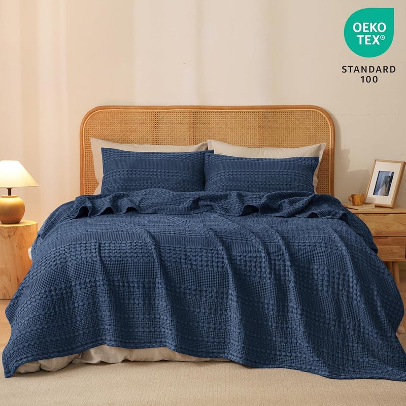 PHF Queen Size 230 cm x 230 cm 100% Cotton Waffle Weave Blanket – Pre-Washed Lightweight Breathable Throw for Bed, Couch or Sofa, Oeko-TEX Certified, Navy Blue - Image 5