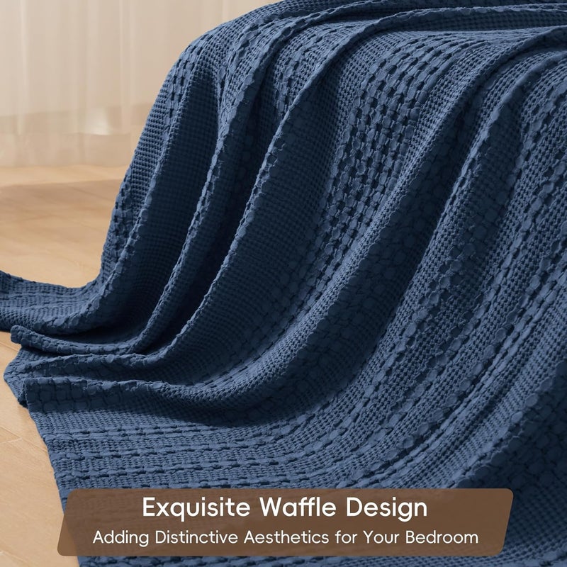 PHF Queen Size 230 cm x 230 cm 100% Cotton Waffle Weave Blanket – Pre-Washed Lightweight Breathable Throw for Bed, Couch or Sofa, Oeko-TEX Certified, Navy Blue - Image 4