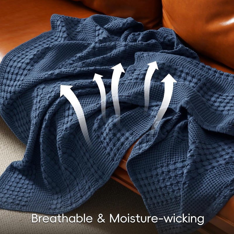 PHF Queen Size 230 cm x 230 cm 100% Cotton Waffle Weave Blanket – Pre-Washed Lightweight Breathable Throw for Bed, Couch or Sofa, Oeko-TEX Certified, Navy Blue - Image 3