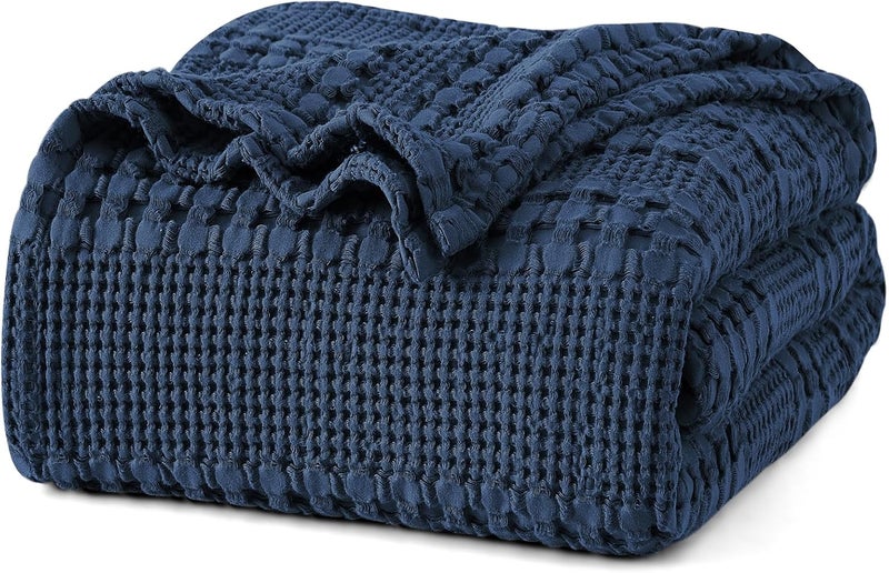 PHF Queen Size 230 cm x 230 cm 100% Cotton Waffle Weave Blanket – Pre-Washed Lightweight Breathable Throw for Bed, Couch or Sofa, Oeko-TEX Certified, Navy Blue - Image 1
