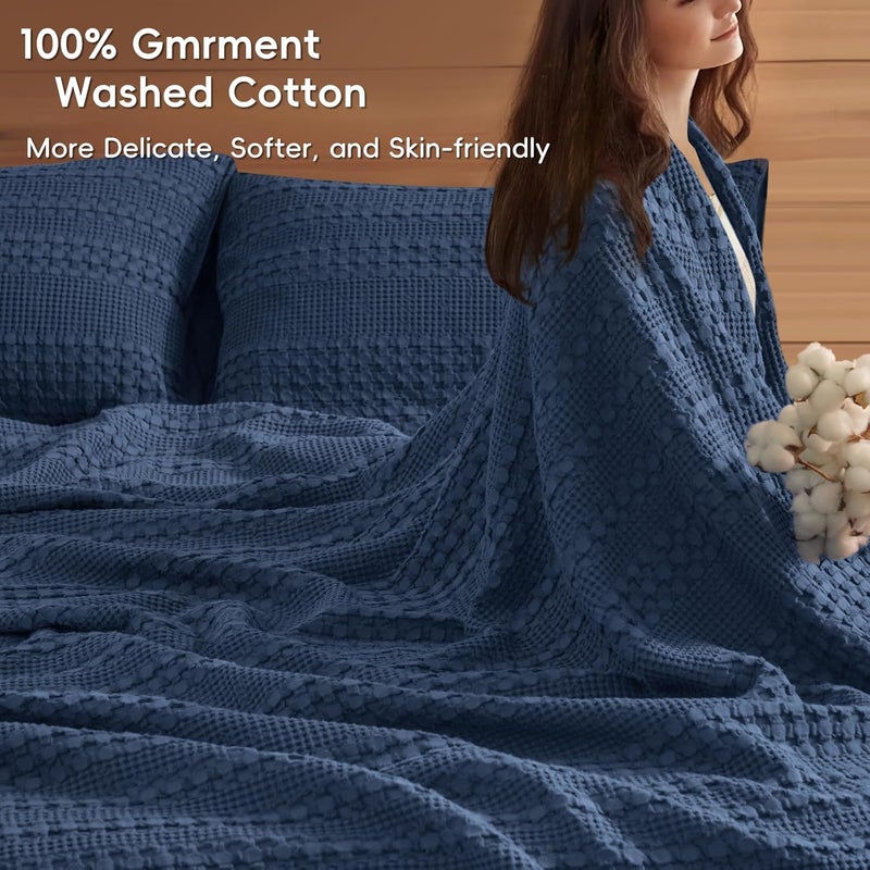 PHF Queen Size 230 cm x 230 cm 100% Cotton Waffle Weave Blanket – Pre-Washed Lightweight Breathable Throw for Bed, Couch or Sofa, Oeko-TEX Certified, Navy Blue - Image 2