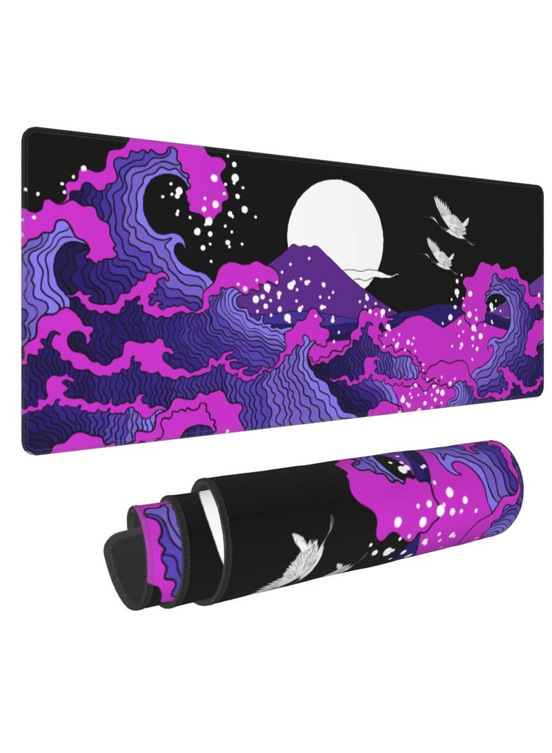 Excefore Japanese Balck Blue Purple Wave Gaming Mouse Pad, 31.5 X 11.8 Inch XL Cool Style Art Design Print Big Mousepad Extended Large Laptop Keyboard Non-Slip Rubber Base with Stitched Edges for Home Office  - Image 1