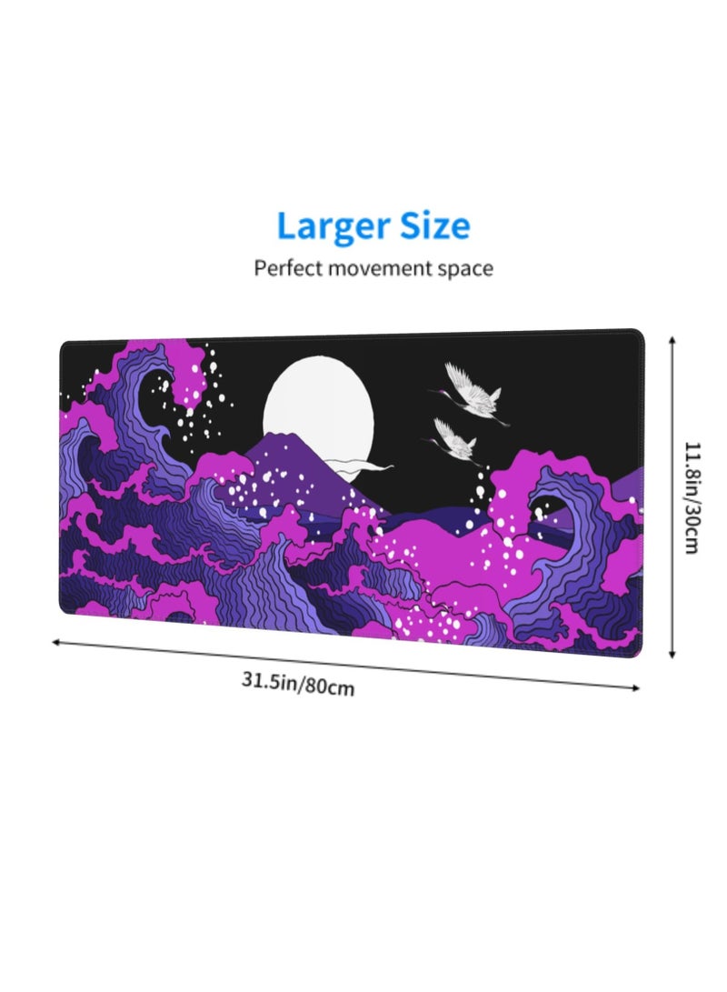 Excefore Japanese Balck Blue Purple Wave Gaming Mouse Pad, 31.5 X 11.8 Inch XL Cool Style Art Design Print Big Mousepad Extended Large Laptop Keyboard Non-Slip Rubber Base with Stitched Edges for Home Office  - Image 3