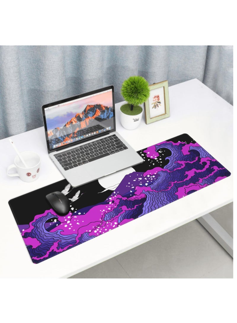 Excefore Japanese Balck Blue Purple Wave Gaming Mouse Pad, 31.5 X 11.8 Inch XL Cool Style Art Design Print Big Mousepad Extended Large Laptop Keyboard Non-Slip Rubber Base with Stitched Edges for Home Office  - Image 2