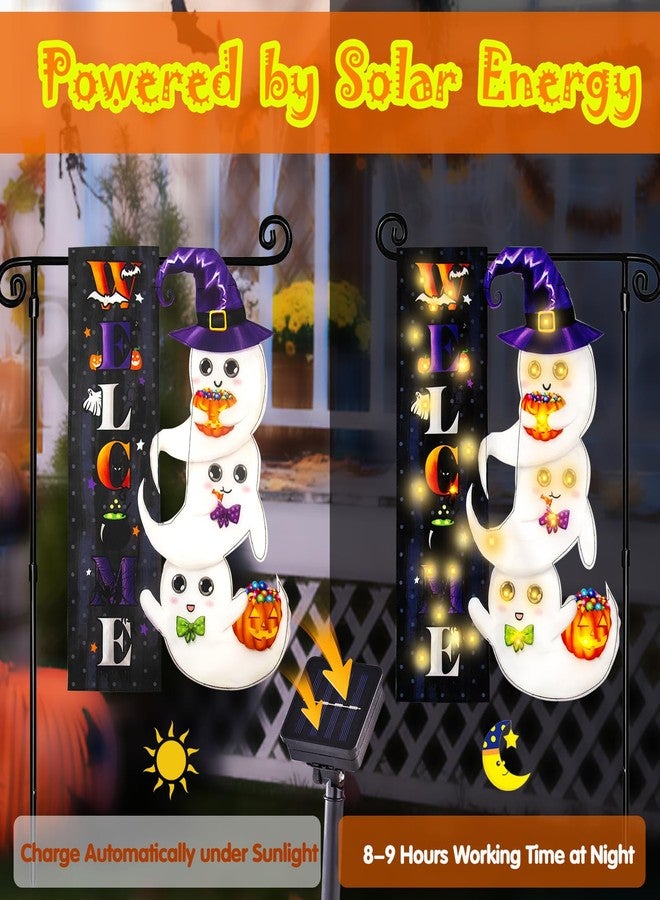 FLAGMESAGE Halloween Lighted Garden Flag, Solar Yard Flag for Outside, 8 Modes Double Sided Welcome Halloween Ghost Outdoor Decorations for Home Porch (Ghost-12x18) - Image 2