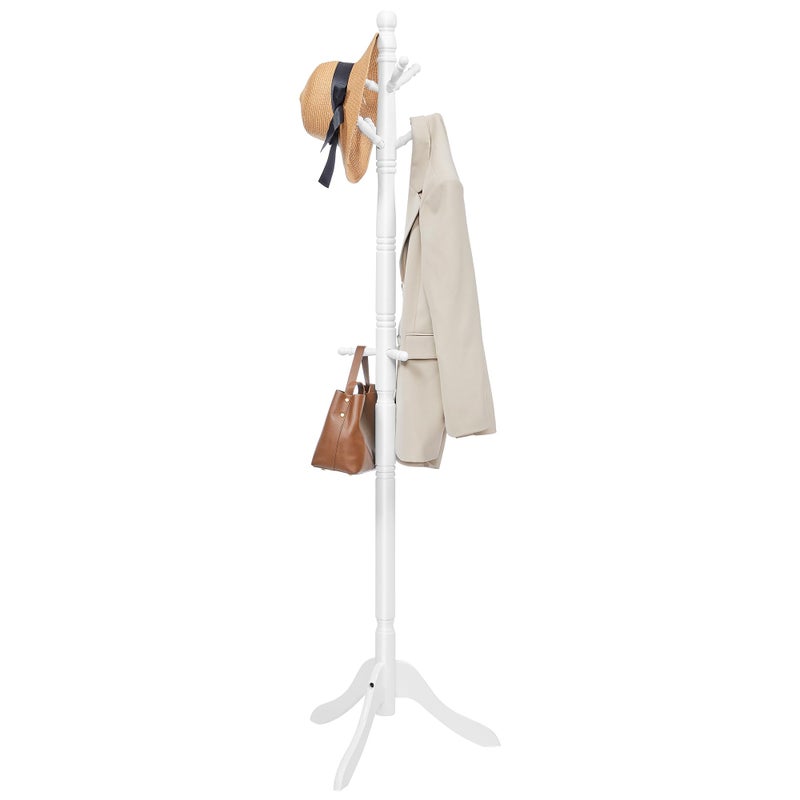 VASAGLE Solid Wood Coat Rack and Stand Free Standing Hall Coat Tree with 10 Hooks for Hats Bags Purses for Entryway Hallway Rubberwood Cloud White URCR03WT