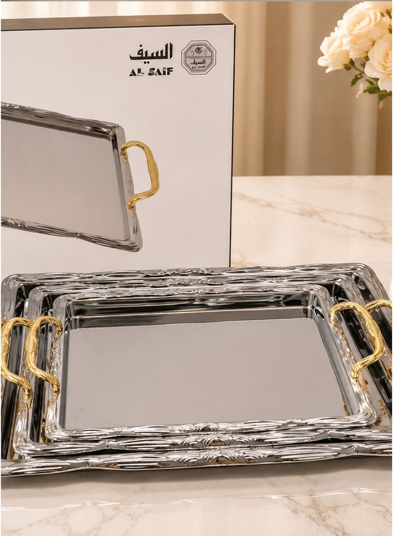 Alsaif Luxury Silver Stainless Steel Serving Trays with Gold Handles | 3-Piece Set with Reflective Finish | Elegant Design for Hospitality and Sophisticated Serving - Image 3