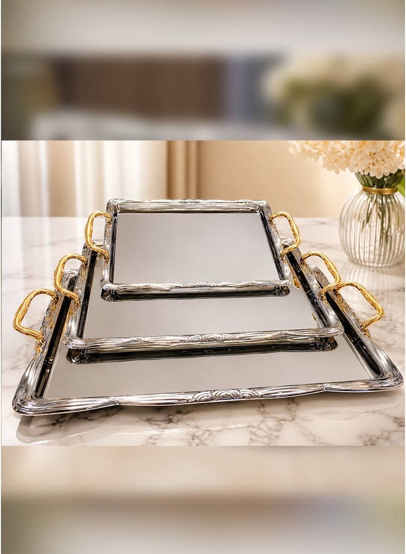 Alsaif Luxury Silver Stainless Steel Serving Trays with Gold Handles | 3-Piece Set with Reflective Finish | Elegant Design for Hospitality and Sophisticated Serving - Image 2