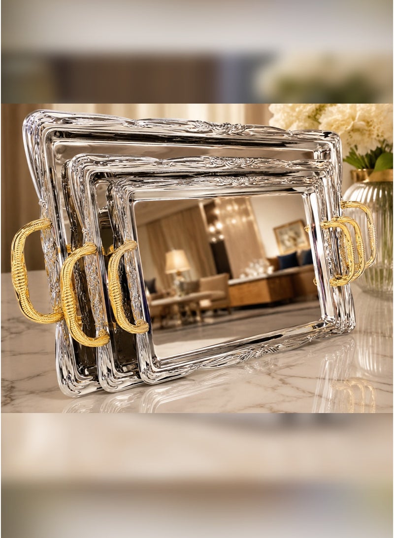 Alsaif Luxury Silver Stainless Steel Serving Trays with Gold Handles | 3-Piece Set with Reflective Finish | Elegant Design for Hospitality and Sophisticated Serving - Image 4