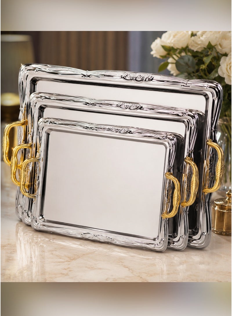 Alsaif Luxury Silver Stainless Steel Serving Trays with Gold Handles | 3-Piece Set with Reflective Finish | Elegant Design for Hospitality and Sophisticated Serving - Image 1