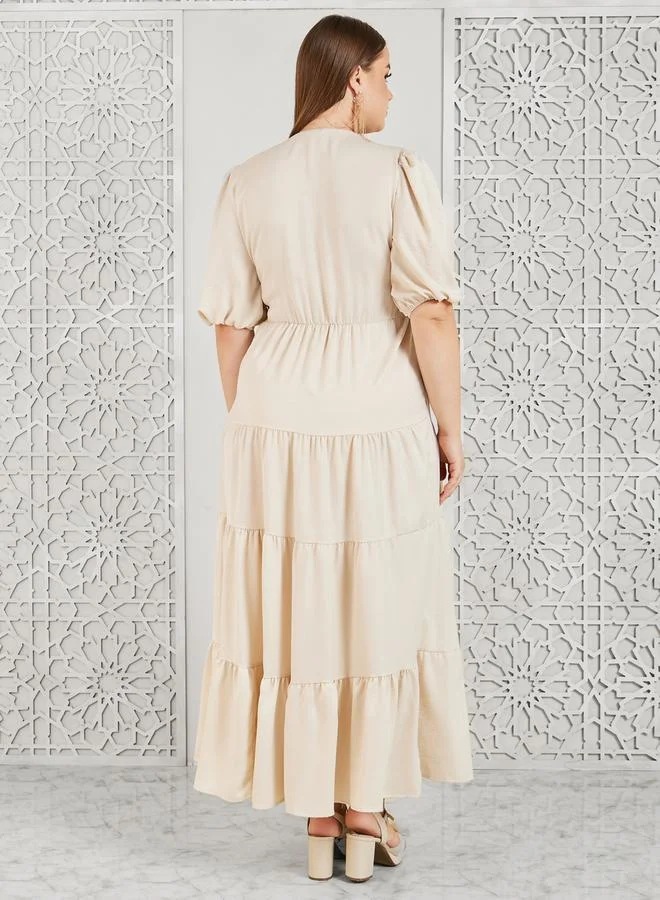 ستايلي Styli Plus Satin Button Detail Tiered Maxi Dress