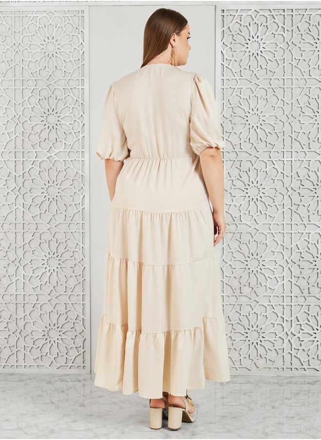 Styli - Plus Satin Button Detail Tiered Maxi Dress - Image 1