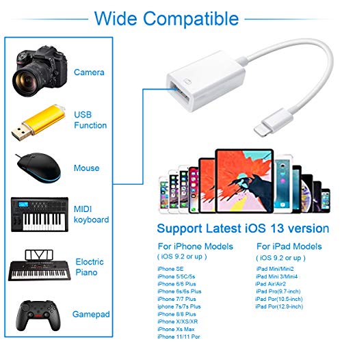 WORLDBOYU Lightning to USB Camera Adapter Lightning Female OTG Cable Adapter for Select iPhone,iPad Models Support Connect Camera, Card Reader, USB Flash Drive, MIDI Keyboard, White - Image 2