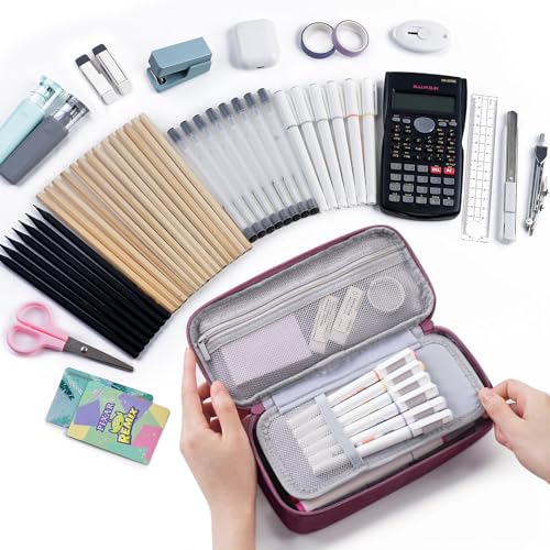 WEMATE Pencil Case, Large Storage Organizer for Stationery, Back - to - School Essential, Teacher Must - have, Big Pencil Pouch, Marker Case School Supplies for College & High School Purple Red - Image 2