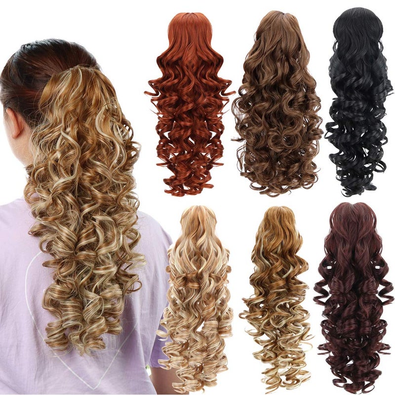 Jaw Claw Clip In Ponytail  Synthetic Fiber Ponytails Clips On Hair Extensions Curly Wavy Pony Tail Hairpieces for Women Girls Blonde Mixed Brown Color