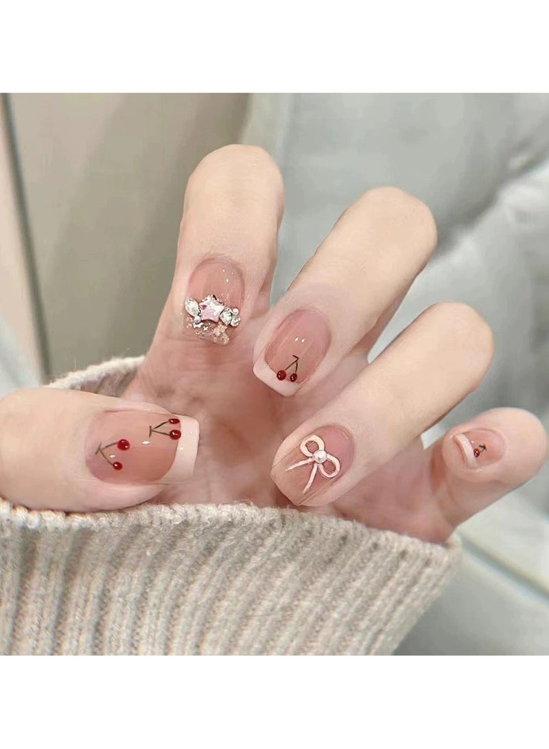 Goolsky Cherry Bow Press On Nails French Style Fake Nail Tips Cute Brightening Short Nail Set  - Image 2