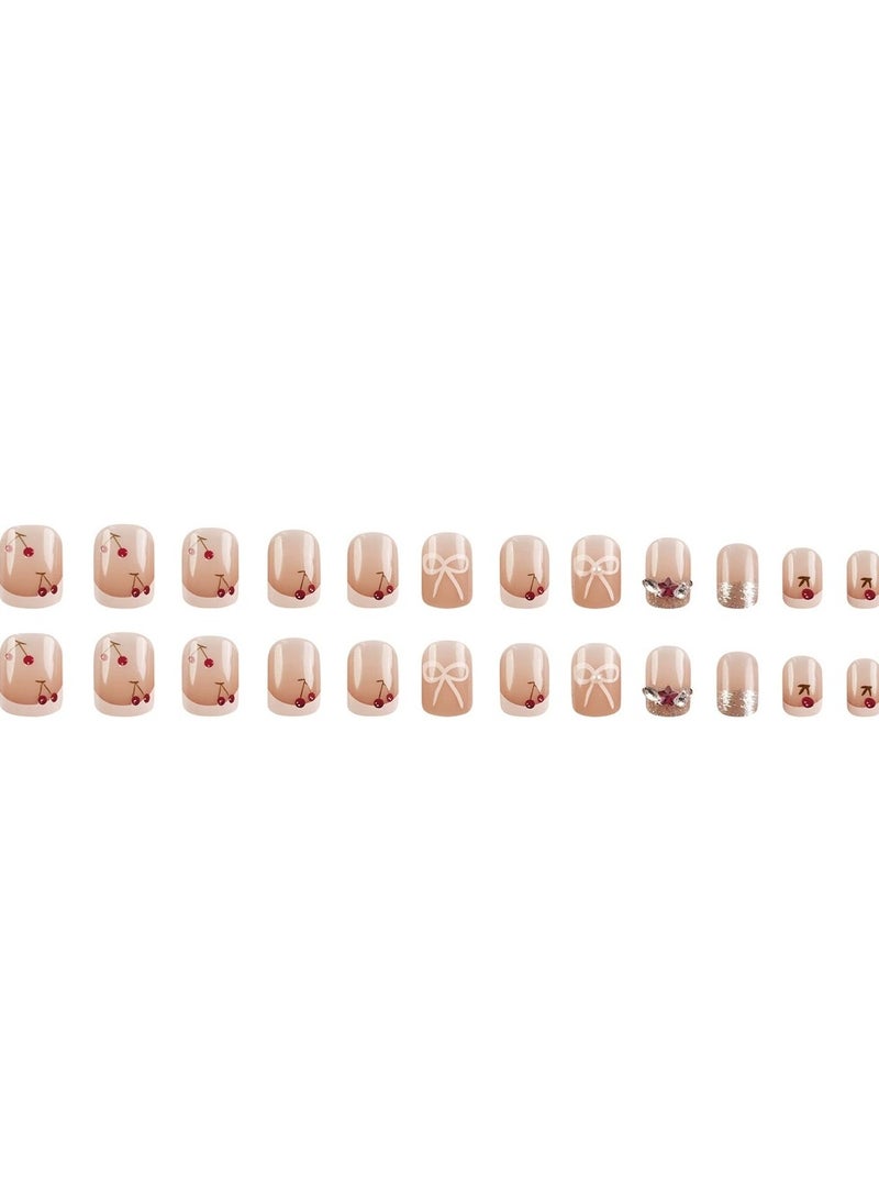 Goolsky Cherry Bow Press On Nails French Style Fake Nail Tips Cute Brightening Short Nail Set  - Image 3
