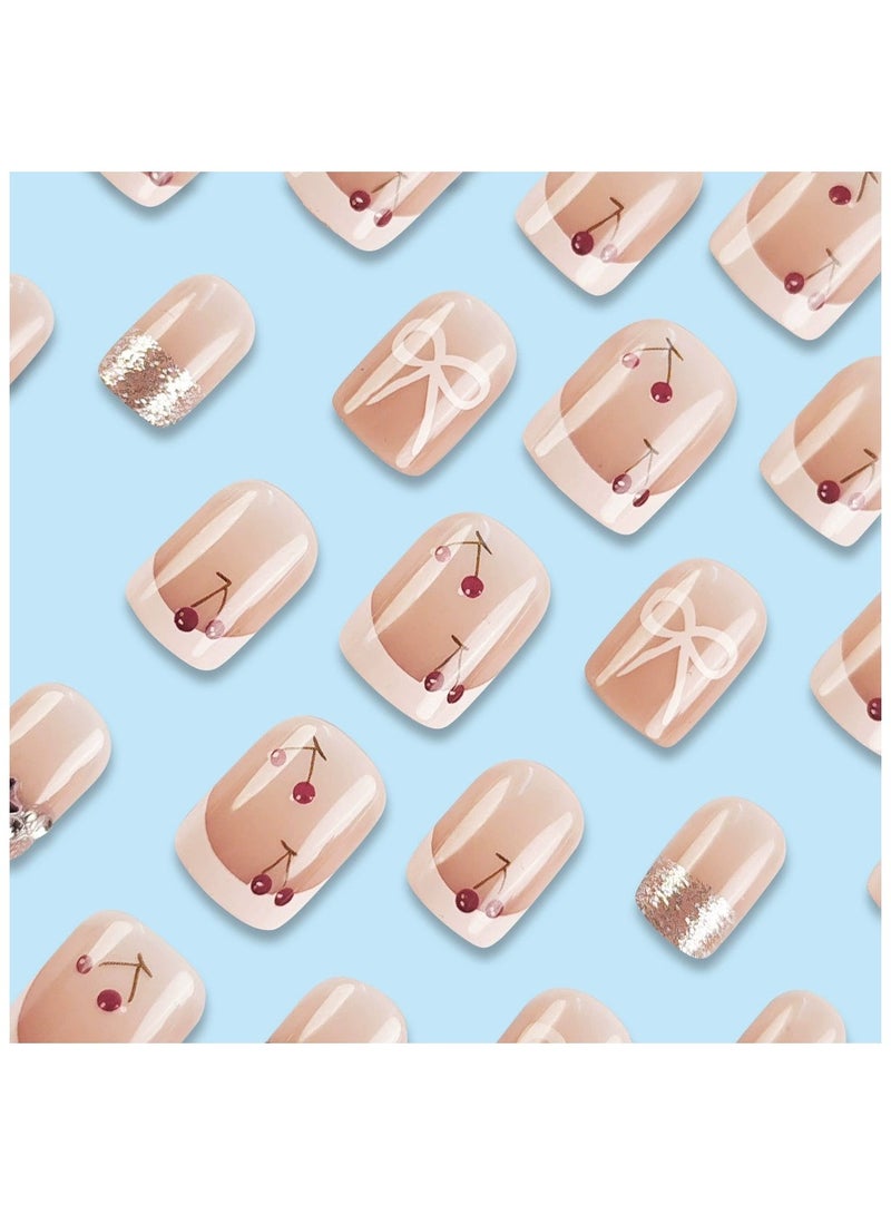 Goolsky Cherry Bow Press On Nails French Style Fake Nail Tips Cute Brightening Short Nail Set  - Image 5