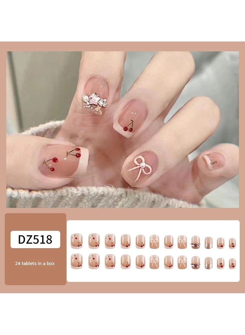 Goolsky Cherry Bow Press On Nails French Style Fake Nail Tips Cute Brightening Short Nail Set  - Image 1
