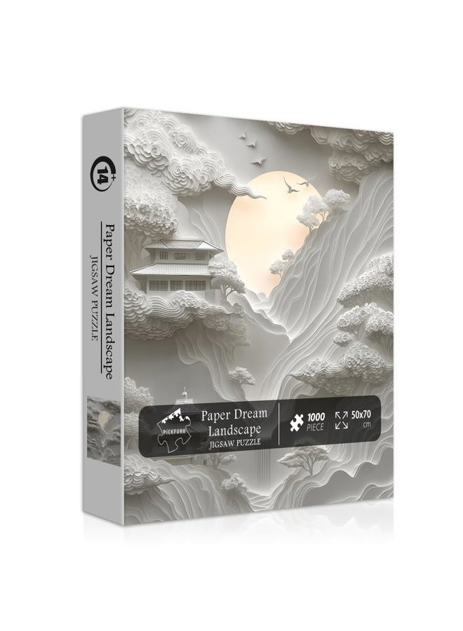 PICKFORU Impossible Landscape Puzzles for Adults 1000 Pieces，White Paper Art Mountain Puzzles Clouds Moon Scenery,Unique Scenic Nature Jigsaw Puzzles Building, Hard Difficult Challenge for Adult - Image 1