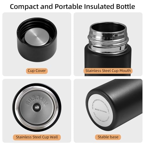 coocuture Cute Water Bottle - 5 Oz Mini Insulated Stainless Steel Bottle - Keeps Cold for 12 hours, Hot for 6 hours, Perfect for Purse or Kids Lunch Bag （Black） - Image 2