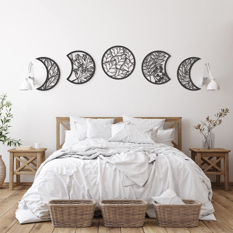 Jetec Jetec 5 Pcs Moon Phase Wall Art Decor Hanging Wooden Moon Phase Wall Pediments Nordic Boho Decor for Room Bar OrnamentBlack106 Inch 
