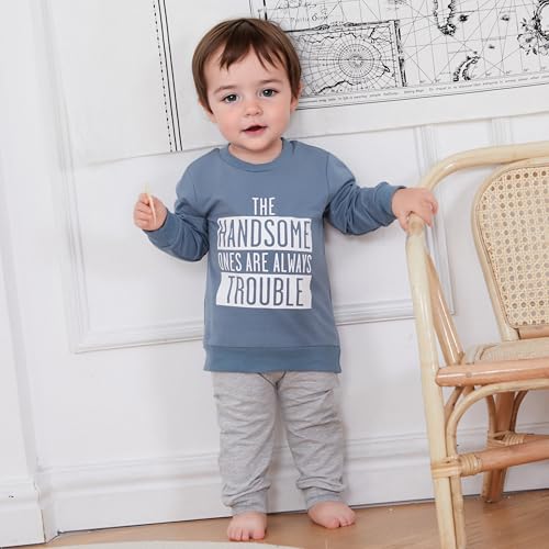 allshope Baby Boy Fall Clothes Set Long Sleeve Letter Print Sweatshirt Pants Toddler Infant Outfits 6 12 18 24 Months 2T (The Handsome Ones Are Always Trouble, 18-24 Months) - Image 2