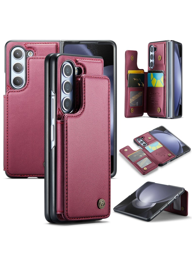 Wallet Case for Samsung Galaxy Z Fold 5, Premium Handmade Durable PU Leather Slim Shockproof Case with [Double Magnetic Clasp] [Card Holder] [Kickstand] [RFID Blocking] (Red)