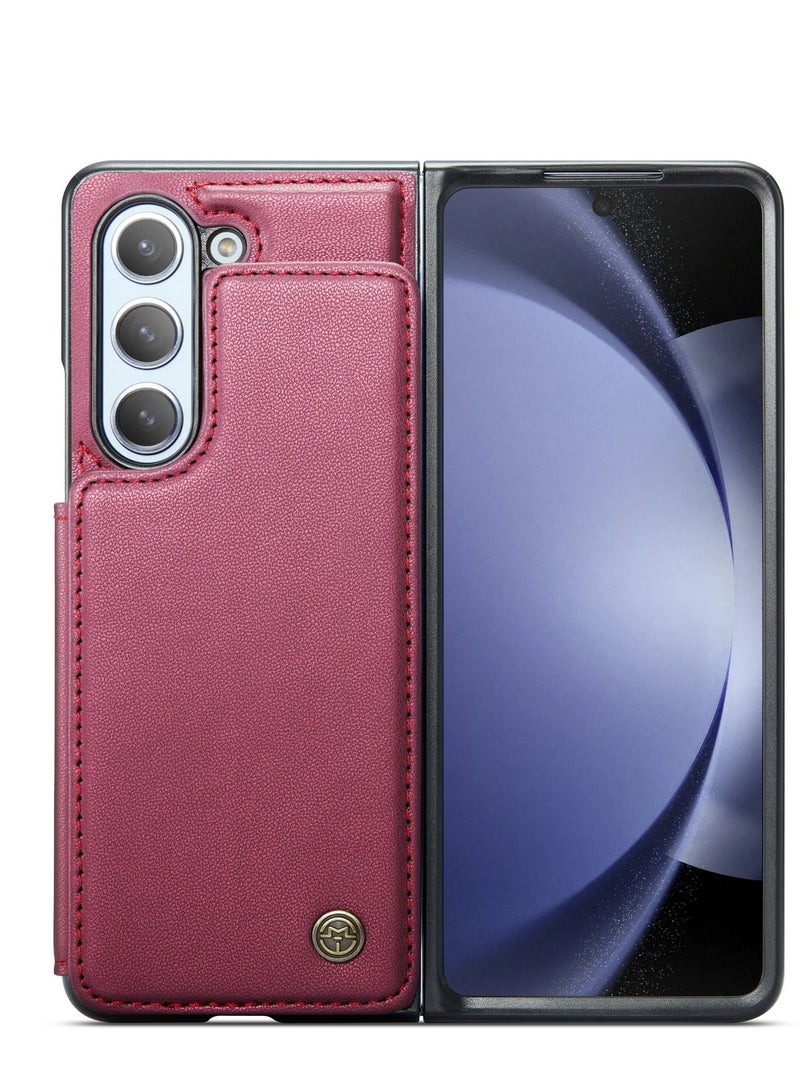 Wallet Case for Samsung Galaxy Z Fold 5, Premium Handmade Durable PU Leather Slim Shockproof Case with [Double Magnetic Clasp] [Card Holder] [Kickstand] [RFID Blocking] (Red)