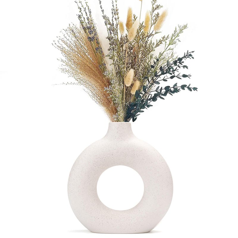 CEMABT White Donut Vase Hollow Ceramic Vase for Flowers Handmade Minimalist Boho ins Style Modern Home Decor for Wedding Dinner Table Party Living Room Office Bedroom(S) - Image 1