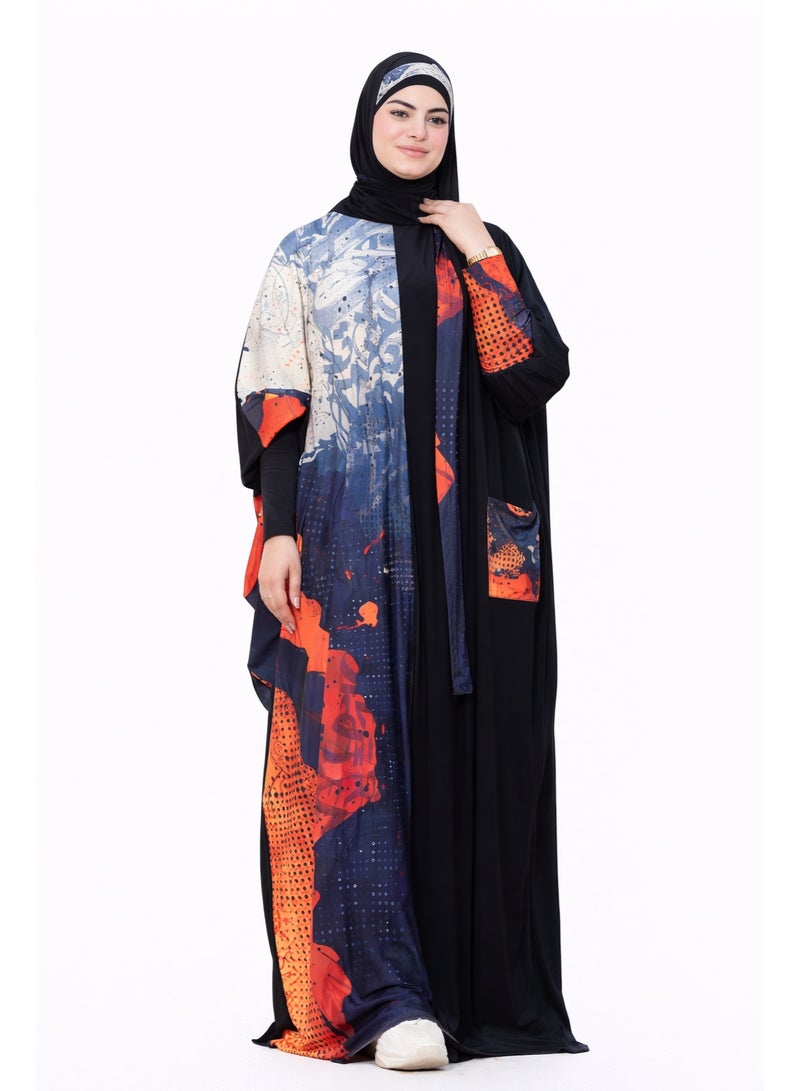 SATR HIJABI Women Printed Isdal Prayer Set – Full Coverage 2-Piece Prayer Outfit with Pocket, Soft Breathable Modest Islamic Wear Black Blue Orange - Image 1