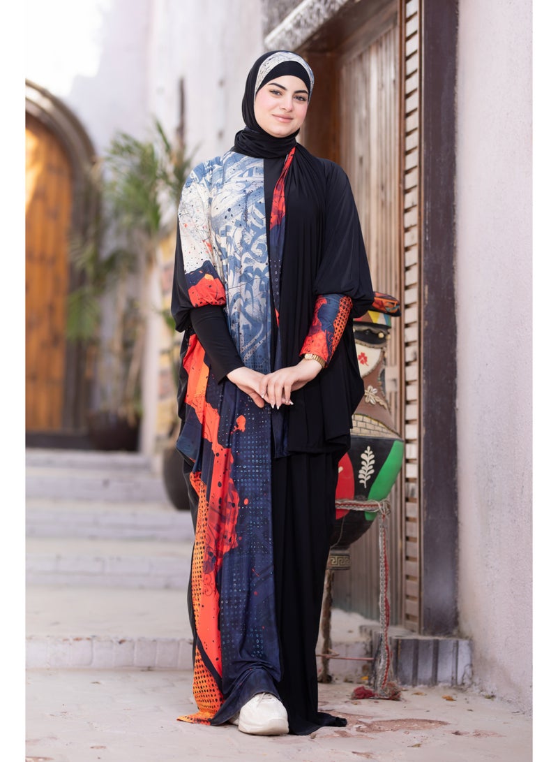SATR HIJABI Women Printed Isdal Prayer Set – Full Coverage 2-Piece Prayer Outfit with Pocket, Soft Breathable Modest Islamic Wear Black Blue Orange - Image 4