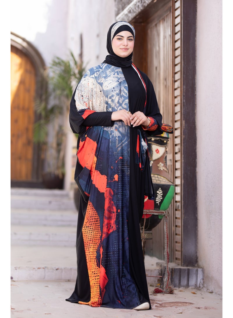 SATR HIJABI Women Printed Isdal Prayer Set – Full Coverage 2-Piece Prayer Outfit with Pocket, Soft Breathable Modest Islamic Wear Black Blue Orange - Image 3