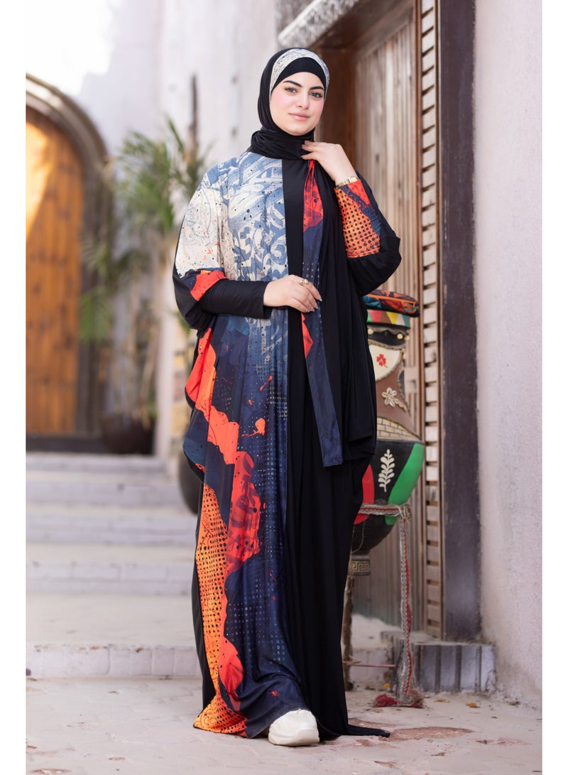 SATR HIJABI Women Printed Isdal Prayer Set – Full Coverage 2-Piece Prayer Outfit with Pocket, Soft Breathable Modest Islamic Wear Black Blue Orange - Image 2